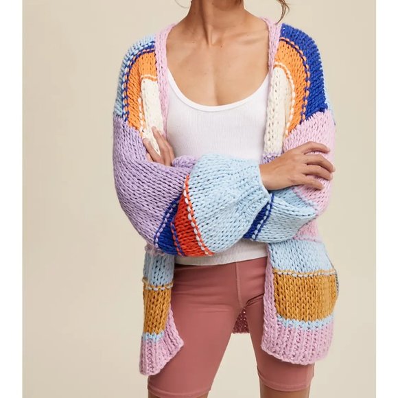 NWT Hand Knit Multi Striped Cardigan Sweater - Picture 2 of 5
